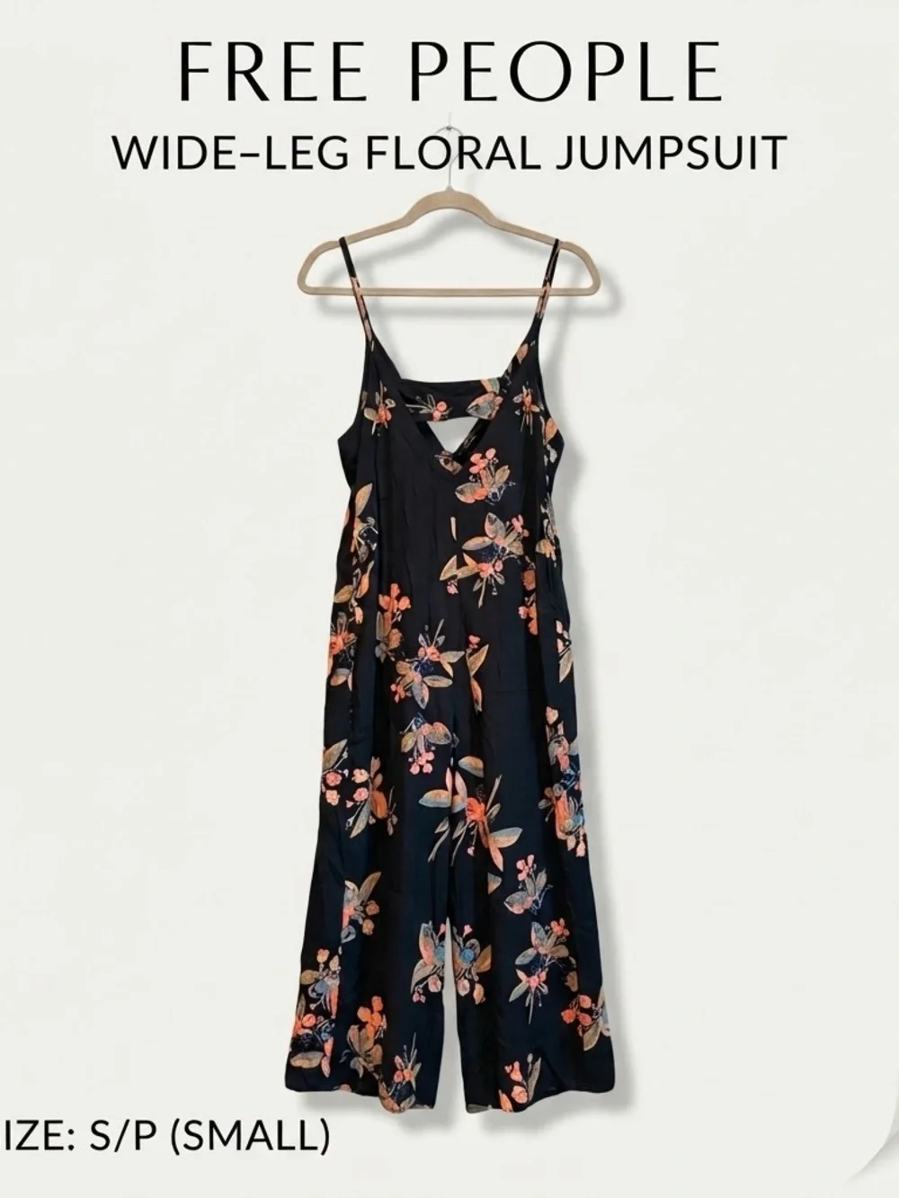 Free People Black Floral Wide-Leg Jumpsuit with Peach & Blue Blooms